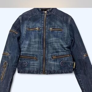 Bomber Jacket with Gold Accents Structured Zip-Detail Denim